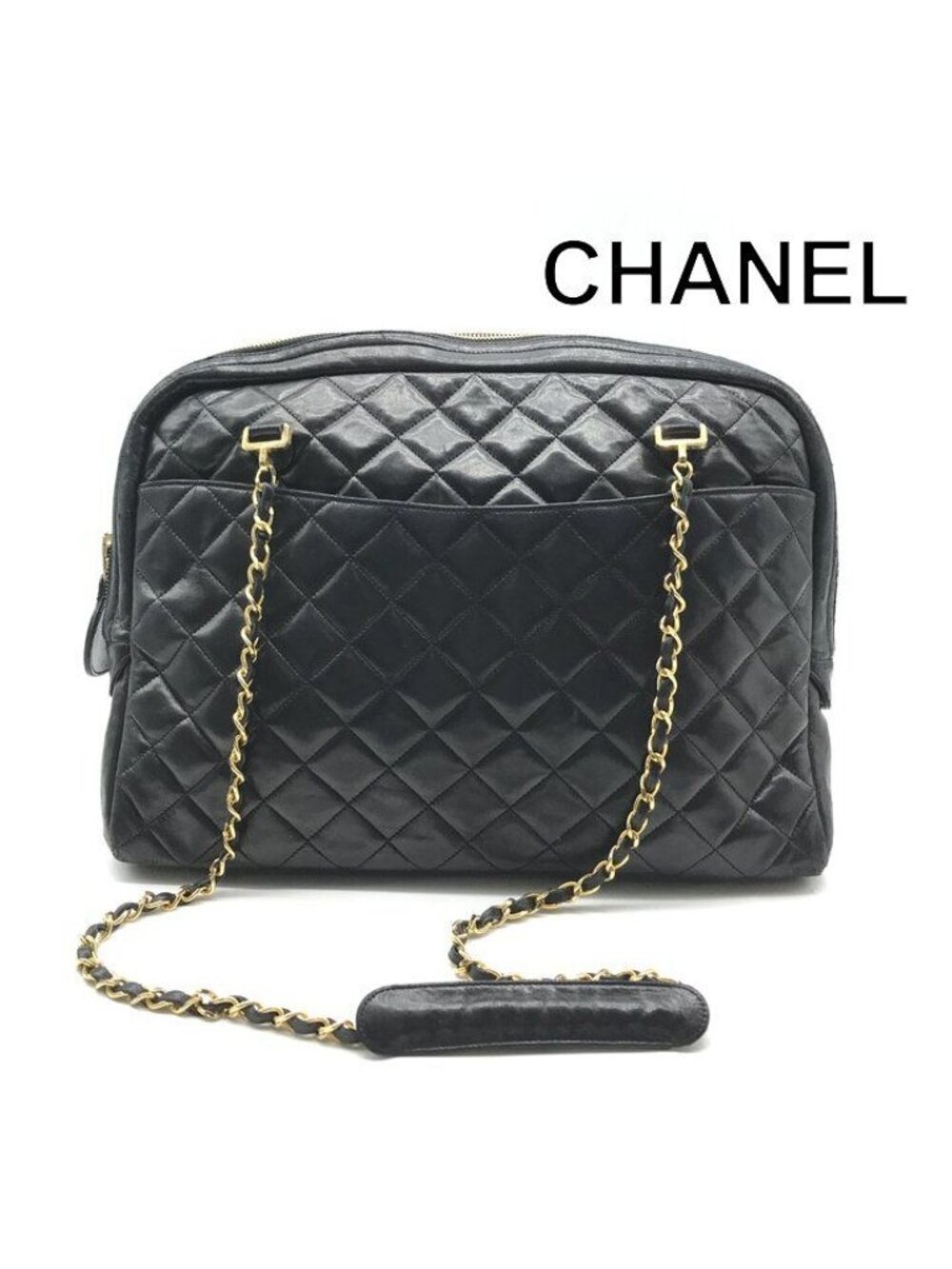 Chanel CC Logo Quilted Lambskin Chain Tote Black Purse
